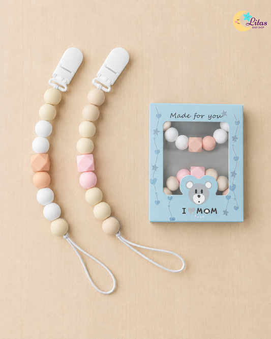 🌸 2-Pack Silicone Beaded Pacifier Clips – Blush Pink, Peach & Warm Beige