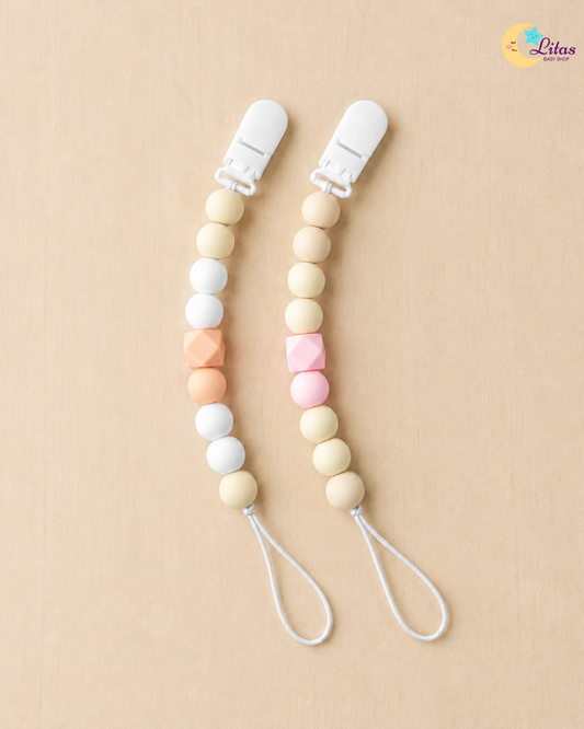 🌸 2-Pack Silicone Beaded Pacifier Clips – Blush Pink, Peach & Warm Beige