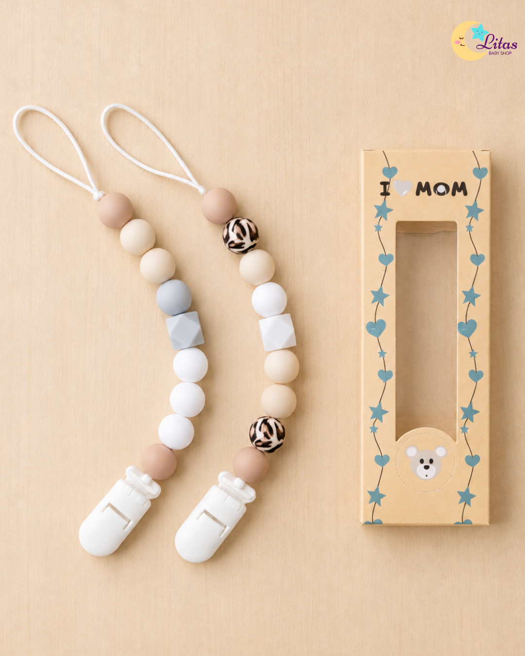 🐆 2-Pack Silicone Beaded Pacifier Clips – Leopard Print, Warm Tan & Gray