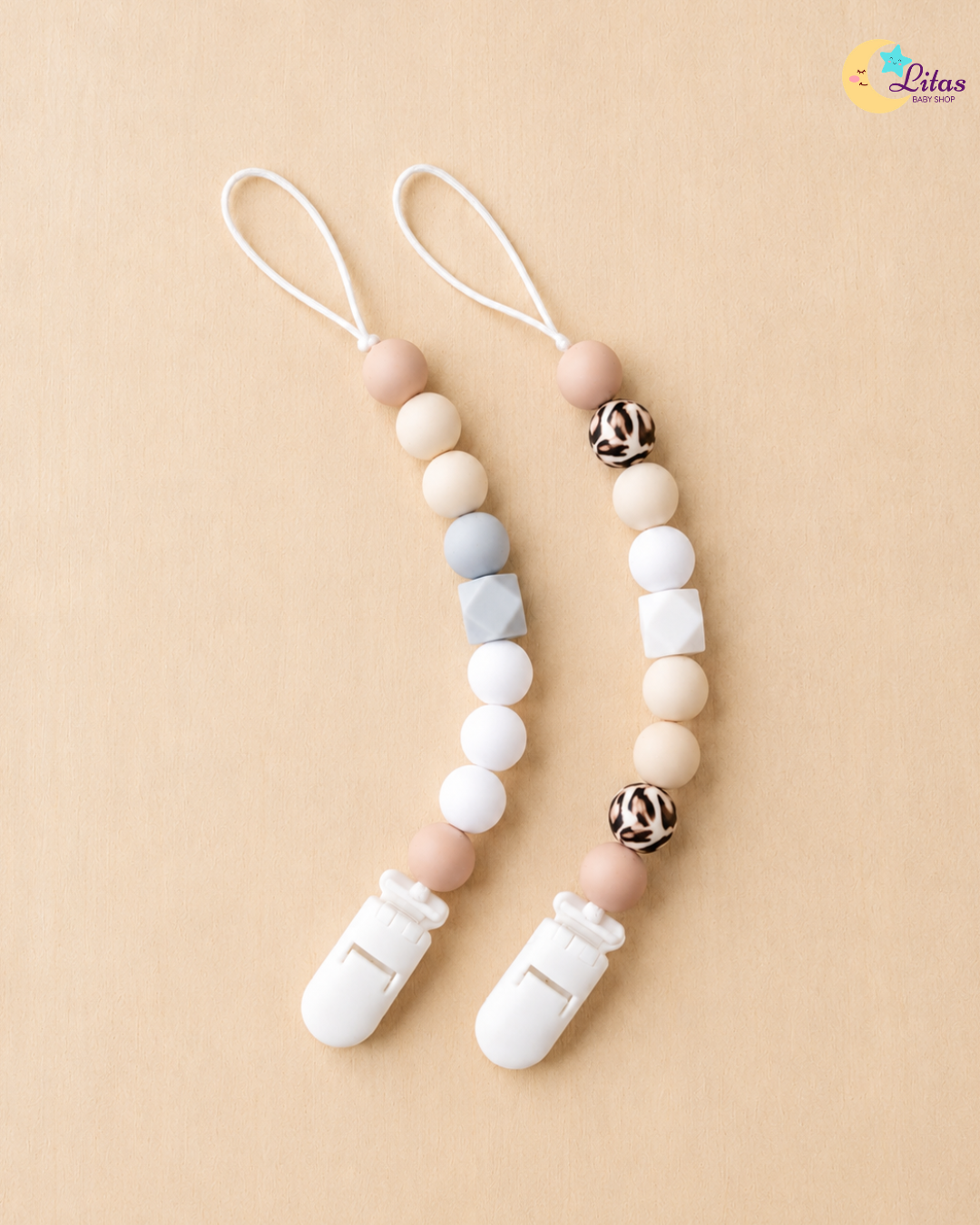 🐆 2-Pack Silicone Beaded Pacifier Clips – Leopard Print, Warm Tan & Gray