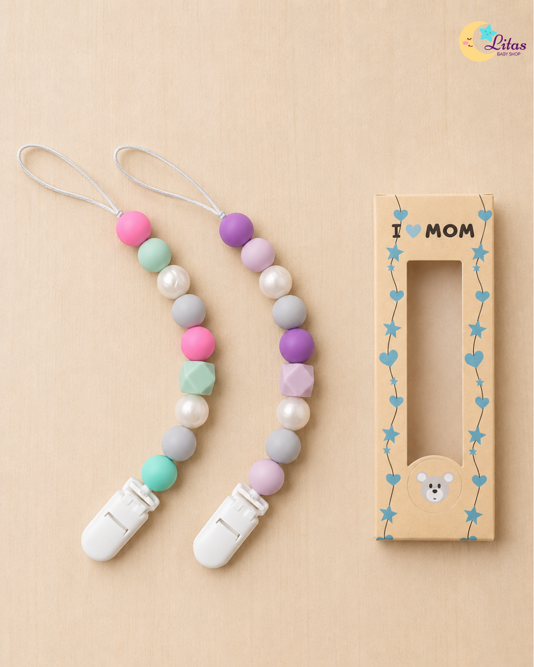 🎨 2-Pack Silicone Beaded Pacifier Clips – Vibrant Pink, Purple & Mint Green