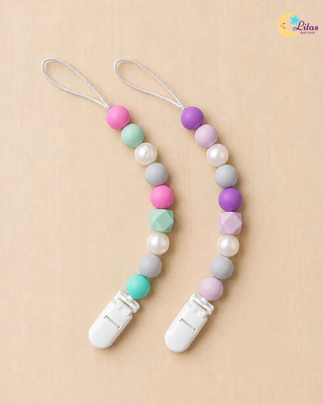 🎨 2-Pack Silicone Beaded Pacifier Clips – Vibrant Pink, Purple & Mint Green