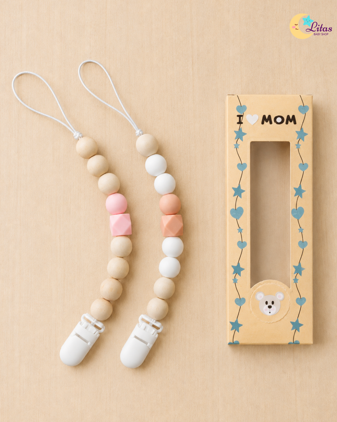 🌸 2-Pack Silicone Beaded Pacifier Clips – Light Pink, Warm Peach & Ivory