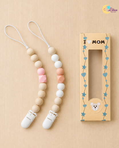 🌸 2-Pack Silicone Beaded Pacifier Clips – Light Pink, Warm Peach & Ivory