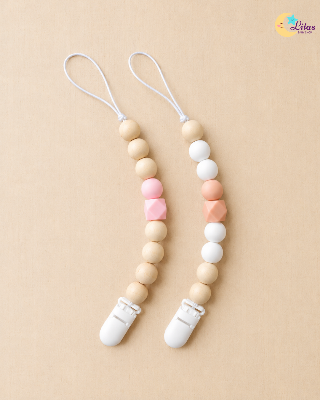🌸 2-Pack Silicone Beaded Pacifier Clips – Light Pink, Warm Peach & Ivory