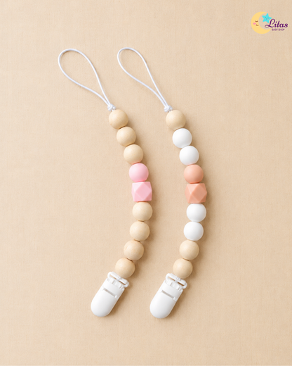 🌸 2-Pack Silicone Beaded Pacifier Clips – Light Pink, Warm Peach & Ivory