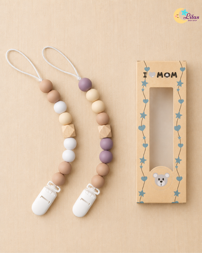 💜2-Pack Silicone Beaded Pacifier Clips – Lavender Mauve, Warm Sand & Oatmeal
