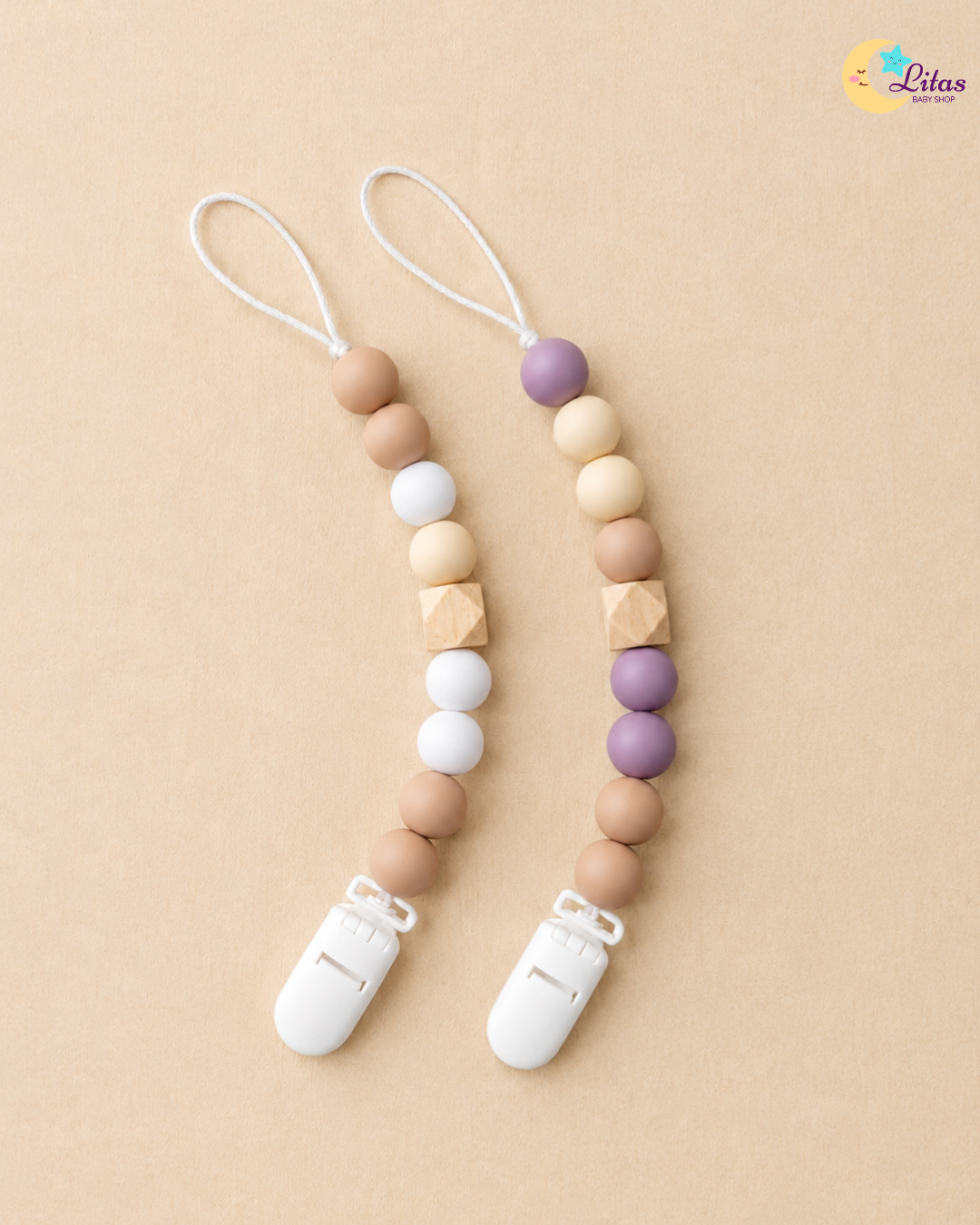💜2-Pack Silicone Beaded Pacifier Clips – Lavender Mauve, Warm Sand & Oatmeal