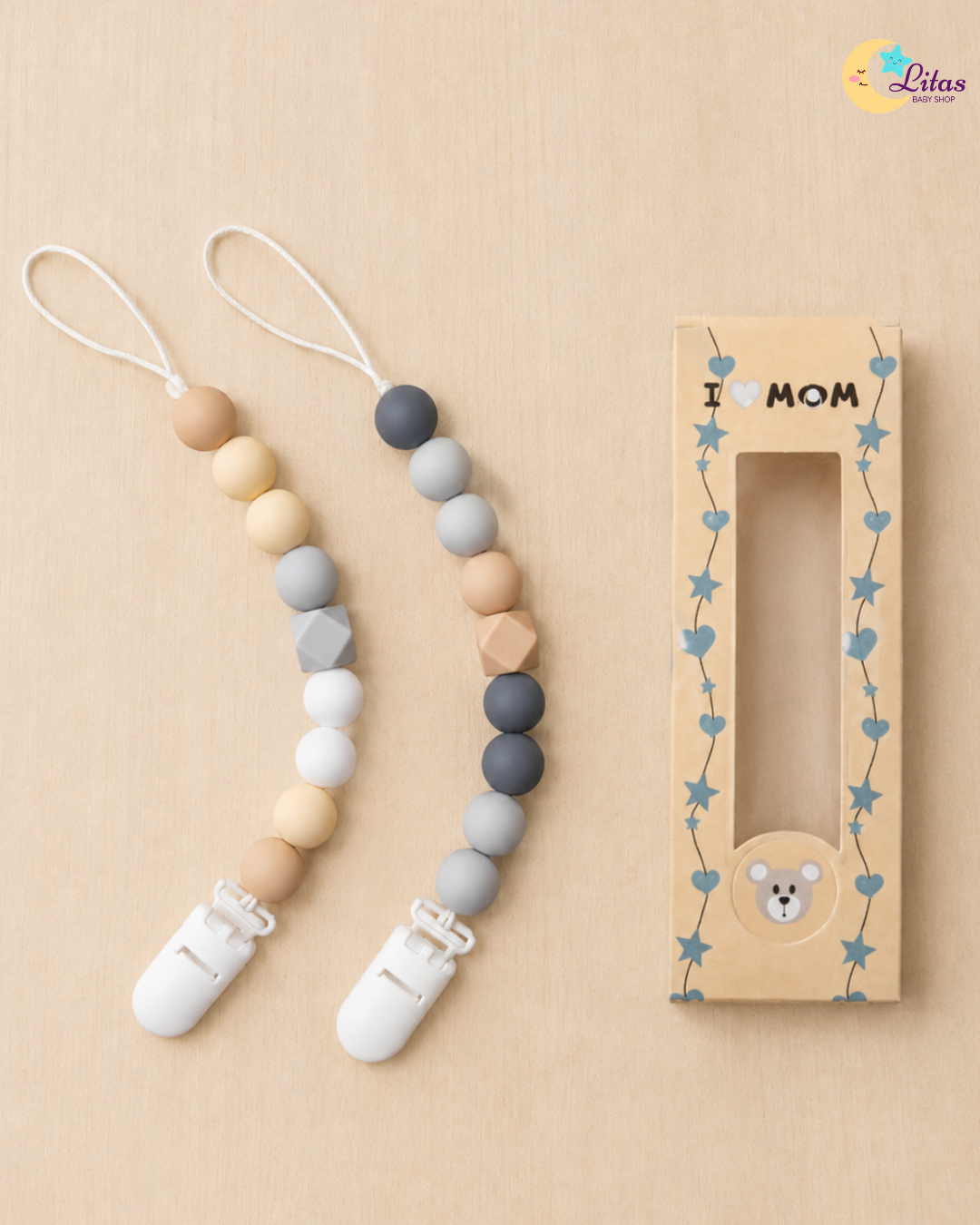 🩶2-Pack Silicone Beaded Pacifier Clips – Charcoal, Soft Ash & Muted Latte