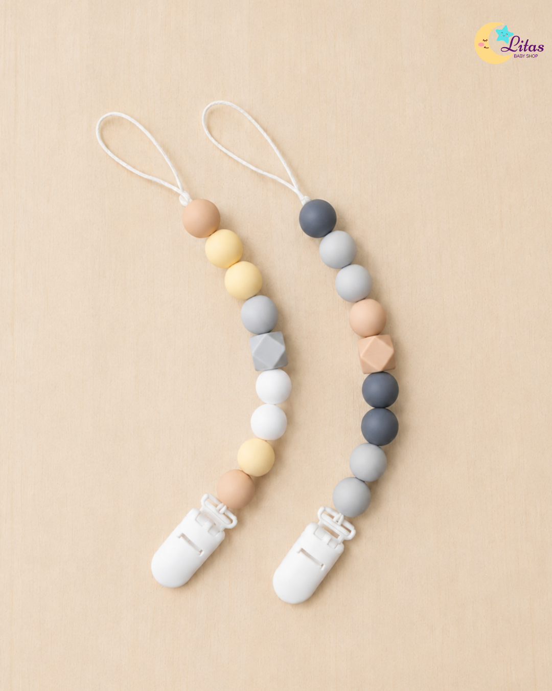 🩶2-Pack Silicone Beaded Pacifier Clips – Charcoal, Soft Ash & Muted Latte