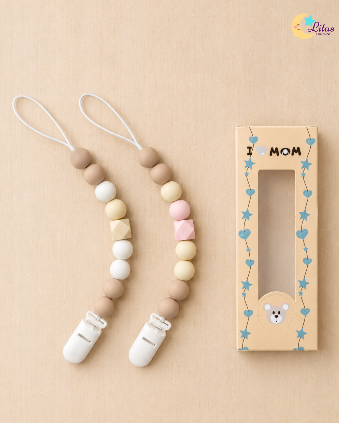 🩷2-Pack Silicone Beaded Pacifier Clips – Soft Pink, Beige & Sandy Cream
