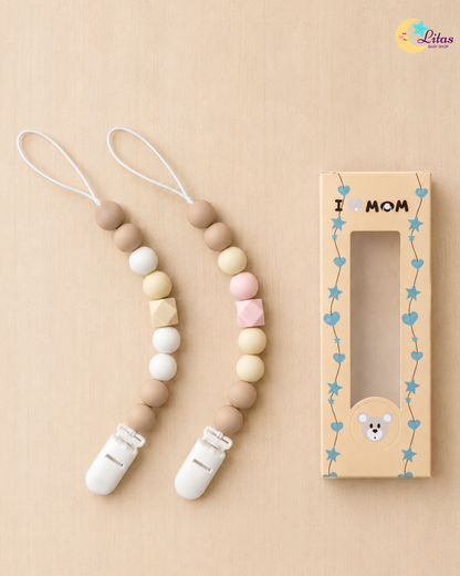 🩷2-Pack Silicone Beaded Pacifier Clips – Soft Pink, Beige & Sandy Cream