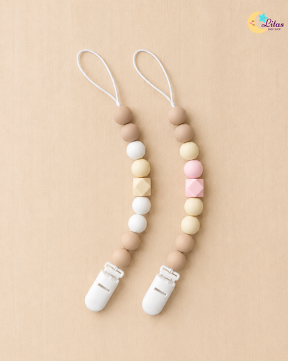 🩷2-Pack Silicone Beaded Pacifier Clips – Soft Pink, Beige & Sandy Cream
