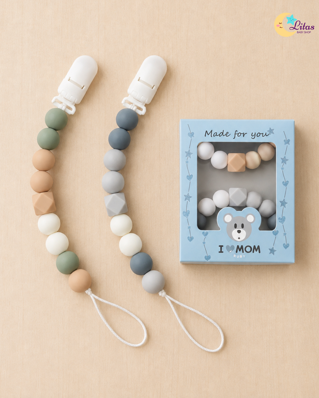 🌿 2-Pack Silicone Beaded Pacifier Clips – Olive Green, Dark Slate & Dusty Terracotta