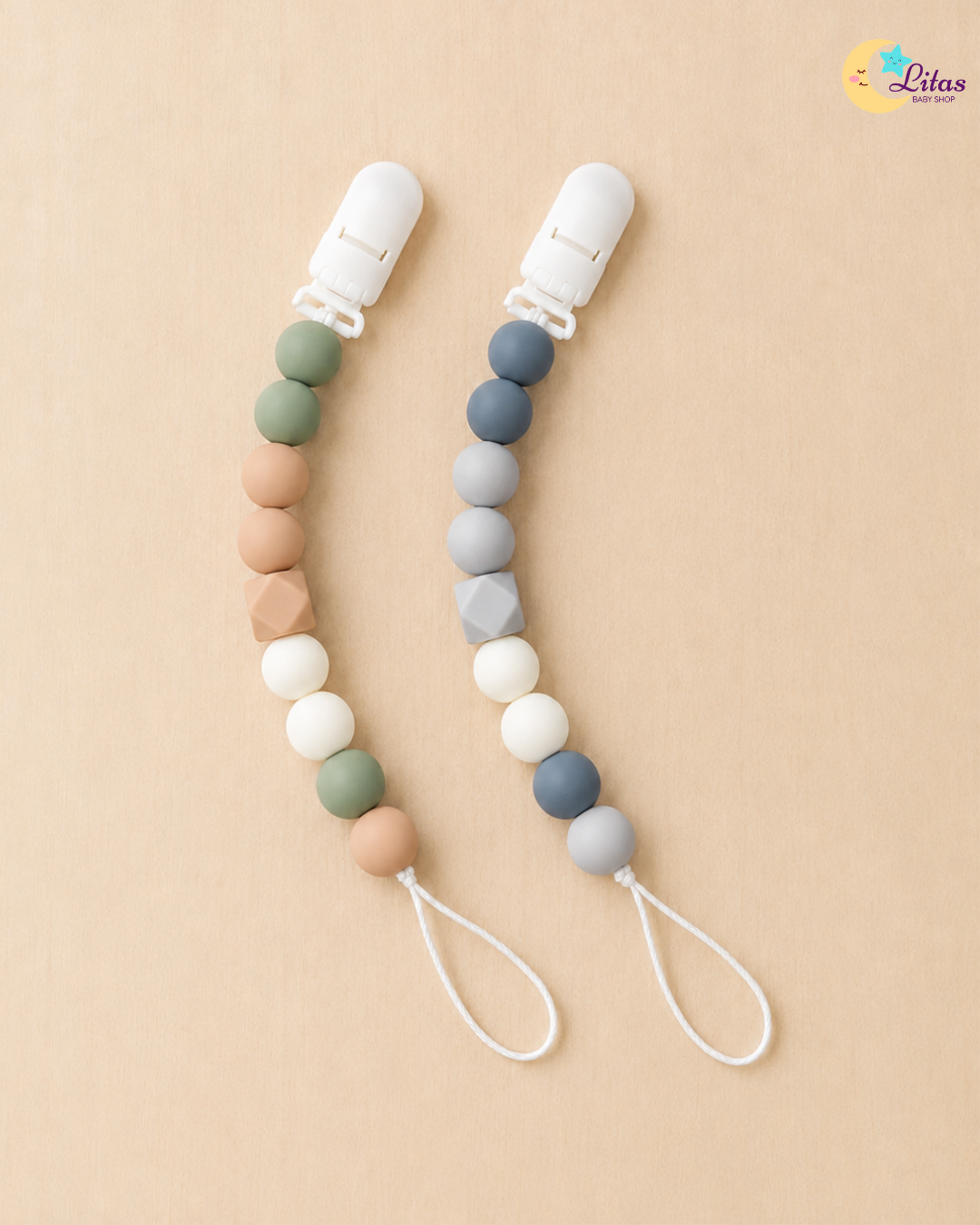 🌿 2-Pack Silicone Beaded Pacifier Clips – Olive Green, Dark Slate & Dusty Terracotta