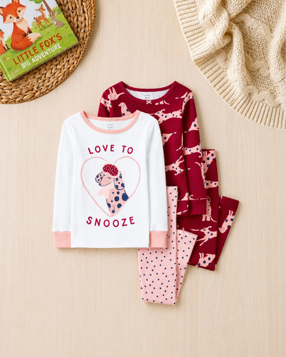 🐶 Original Carter's Baby Girl 4-Piece Puppy Love Cotton Pajama Set – Red, Pink & White