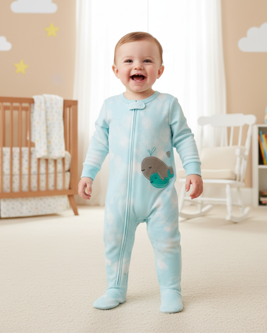 🐳 Carter’s Baby Boy Blue Ocean Wash Cotton Sleep & Play – Whale Apliqué