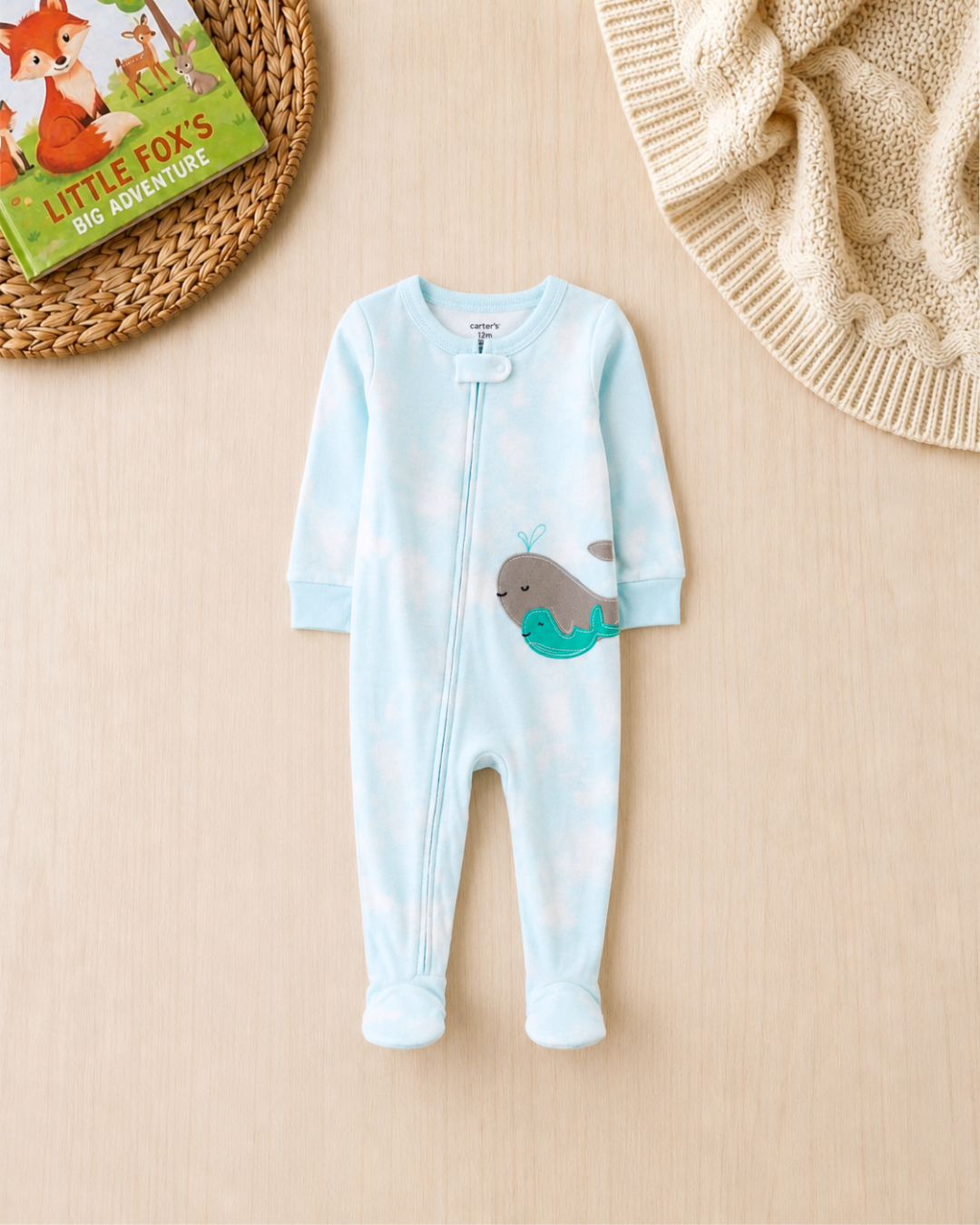 🐳 Original Carter's Baby Boy Blue Ocean Wash Cotton Sleep & Play – Whale Appliqué