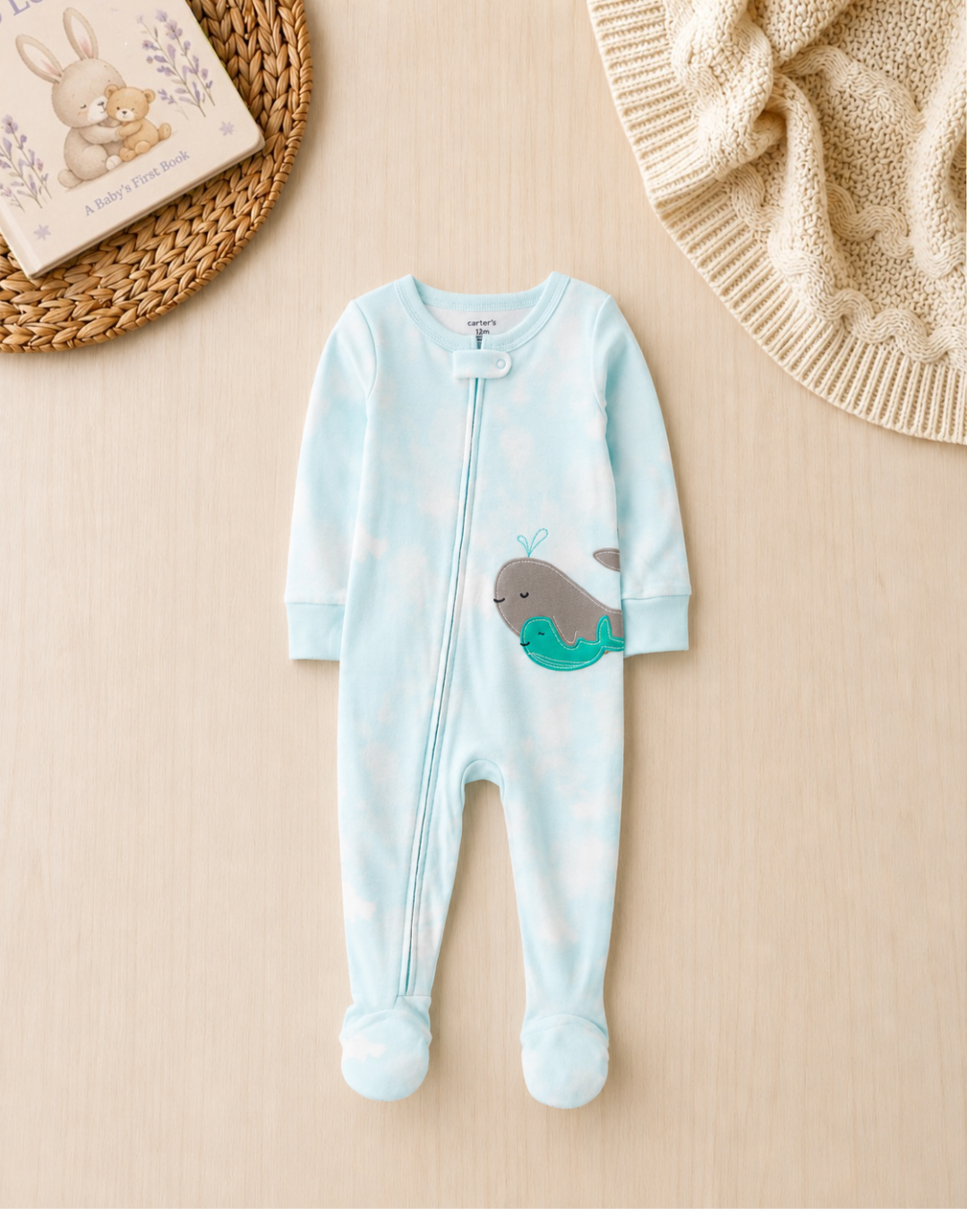 🐳Original Carter's Baby Boy Blue Ocean Wash Cotton Sleep & Play – Whale Appliqué