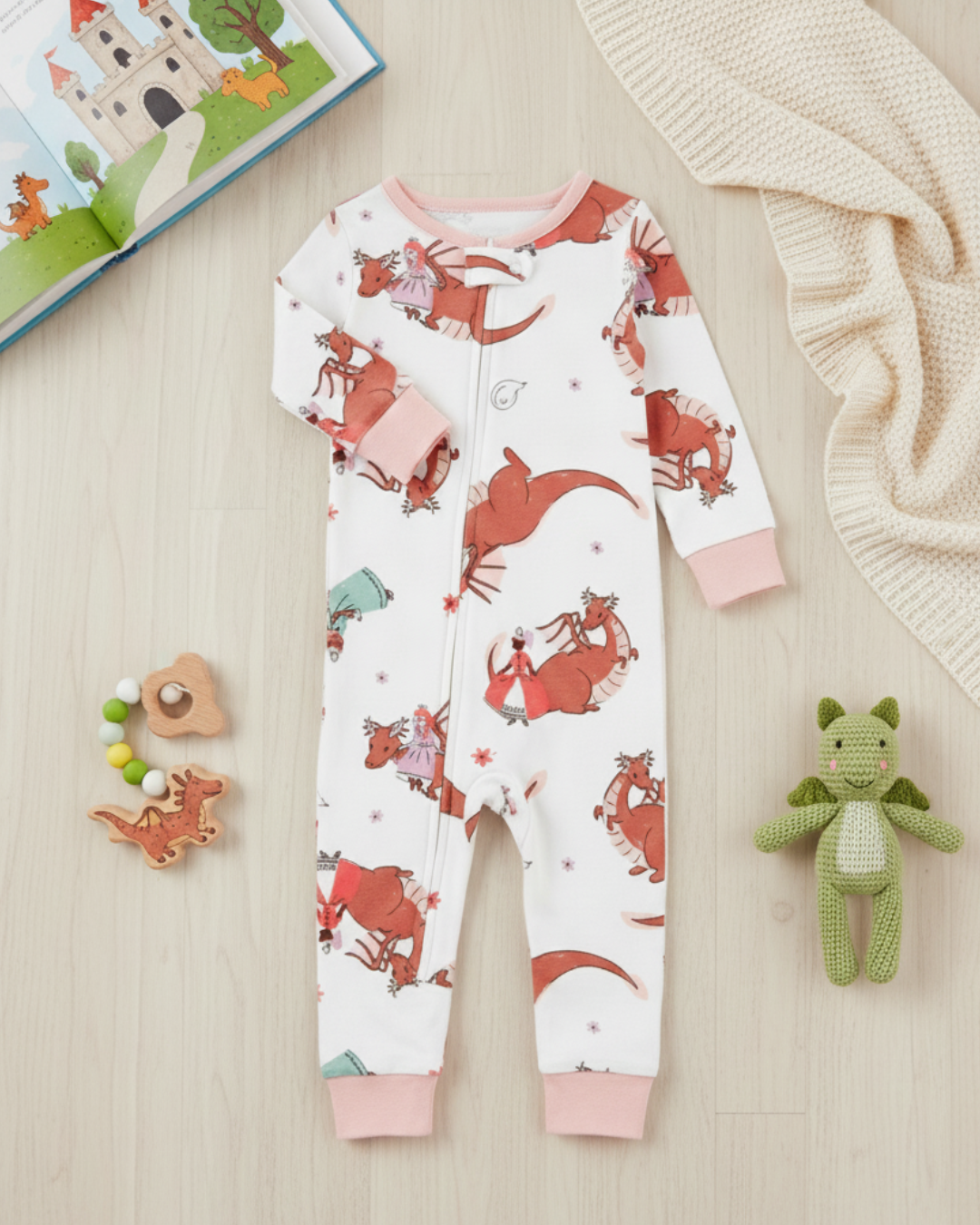 👑 Carter’s Baby Girl Princess & Dragons Cotton Snug Fit Sleep & Play – Pink Trim