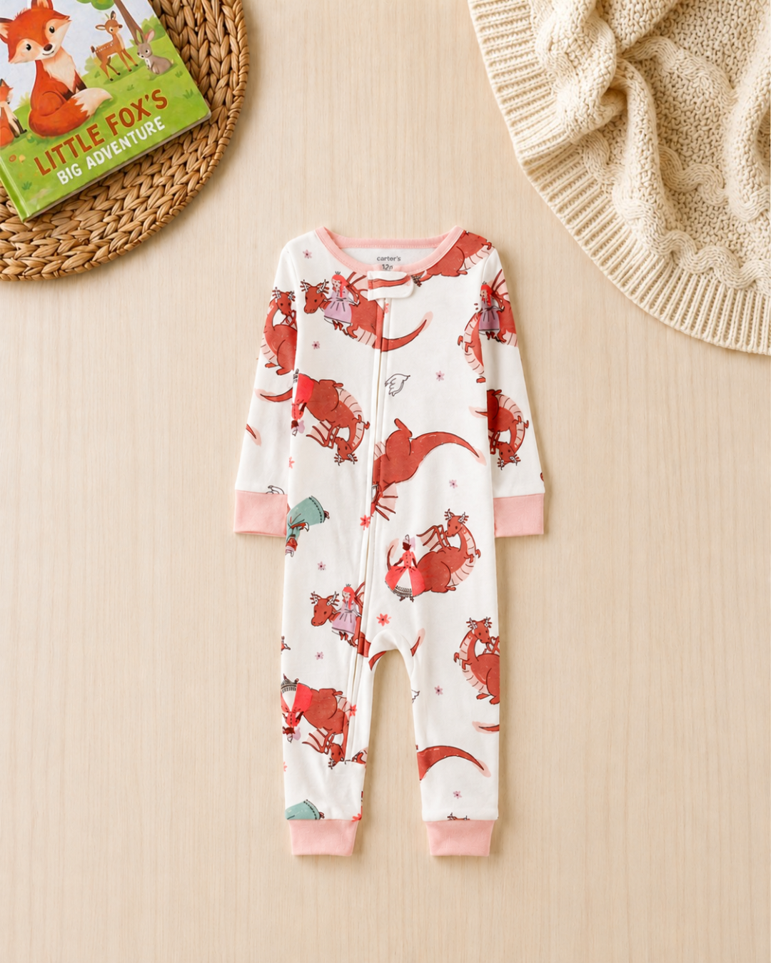👑Original Carter's Baby Girl Princess & Dragons Cotton Sleep & Play – Pink Trim