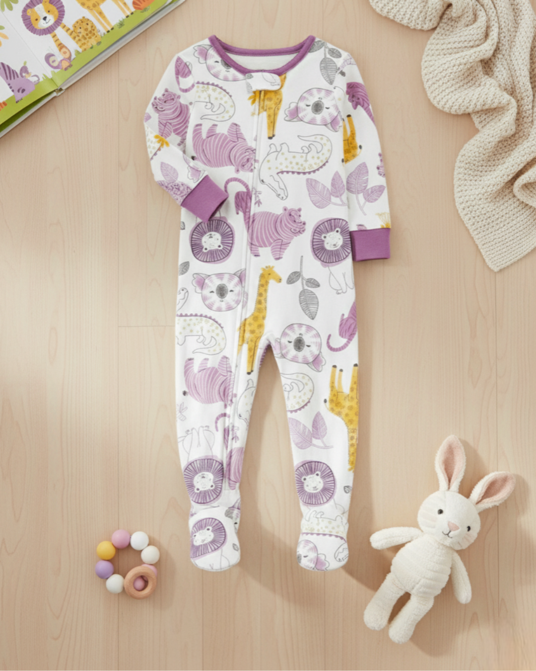 🐆 Carter’s Baby Girl Jungle Animals Cotton Sleep & Play – Purple & Yellow Prints