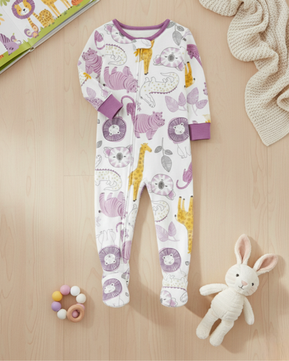 🐆 Carter’s Baby Girl Jungle Animals Cotton Sleep & Play – Purple & Yellow Prints