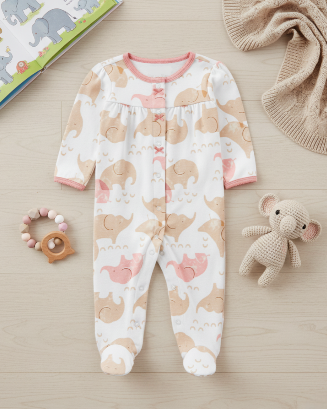 🐘 Carter’s Baby Girl Cream Elephant Cotton Sleep & Play – Soft Snap-Up