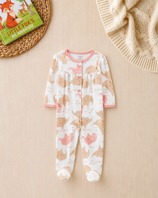 🐘 Original Carter's Baby Girl Cream Elephant Sleep & Play – Soft Snap-Up