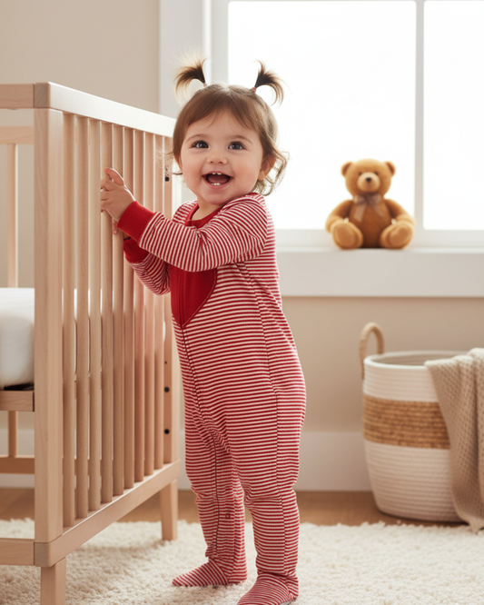 ❤️ Carter’s Baby Girl Red & White Striped Cotton Sleep & Play – Sweet Heart Apliqué