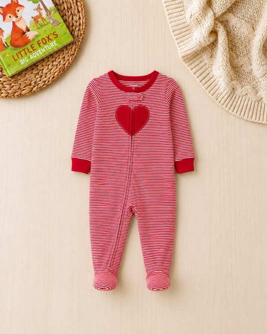❤️ Carter’s Baby Girl Red & White Striped Cotton Sleep & Play – Sweet Heart Apliqué