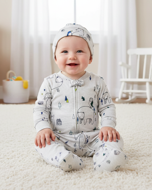 🌲 Carter’s Baby Boy Forest Animals Cotton Sleep & Play – Matching Hat Set