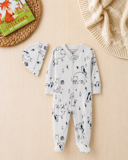 🌲 Original Carter's Baby Boy Forest Animals Cotton Sleep & Play – Matching Hat Set