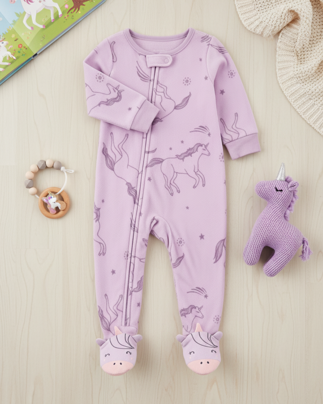 🦄 Carter’s Baby Girl Lilac Unicorn Fleece Sleep & Play – Character Feet