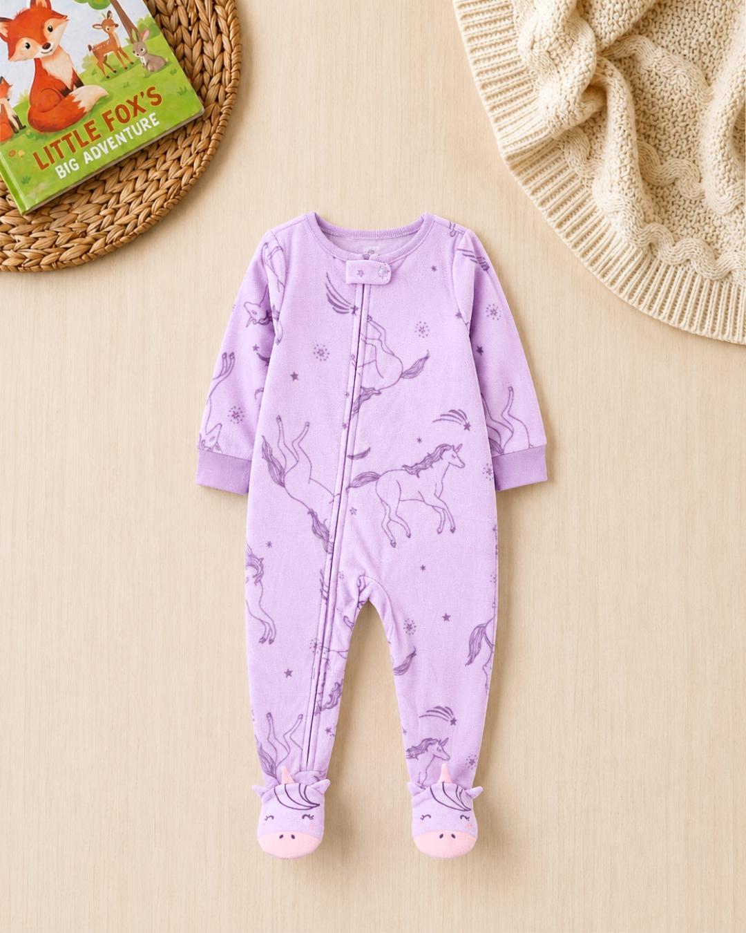 🦄Original Carter's Baby Girl Lilac Unicorn Fleece Sleep & Play – Character Feet