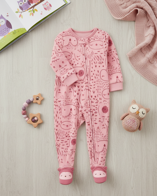 🦉 Carter’s Baby Girl Pink Owl Fleece Sleep & Play – Sweet Character Feet