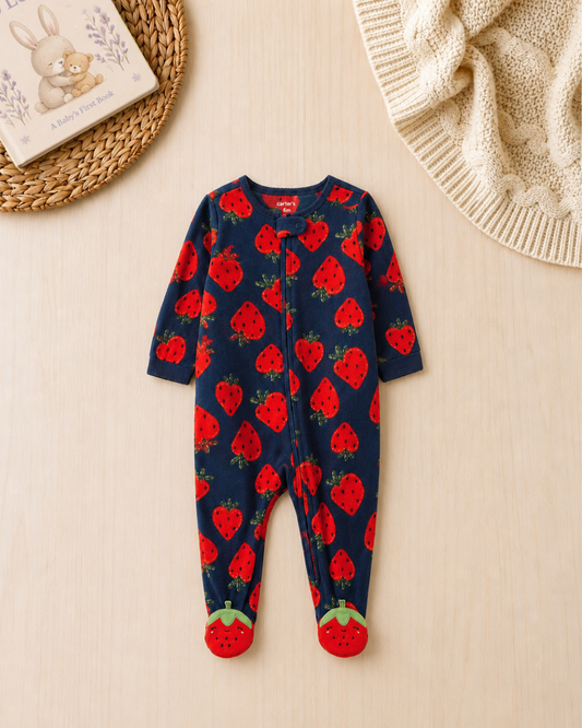 🍓Original Carter’s Baby Girl Navy Strawberry Fleece Sleep & Play