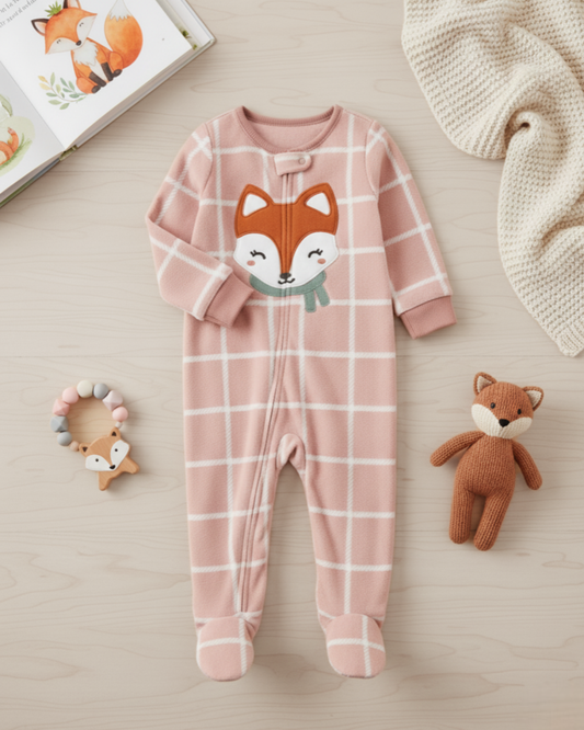 🦊 Carter’s Baby Girl Pink Plaid Fox Fleece Sleep & Play – Cozy & Cute