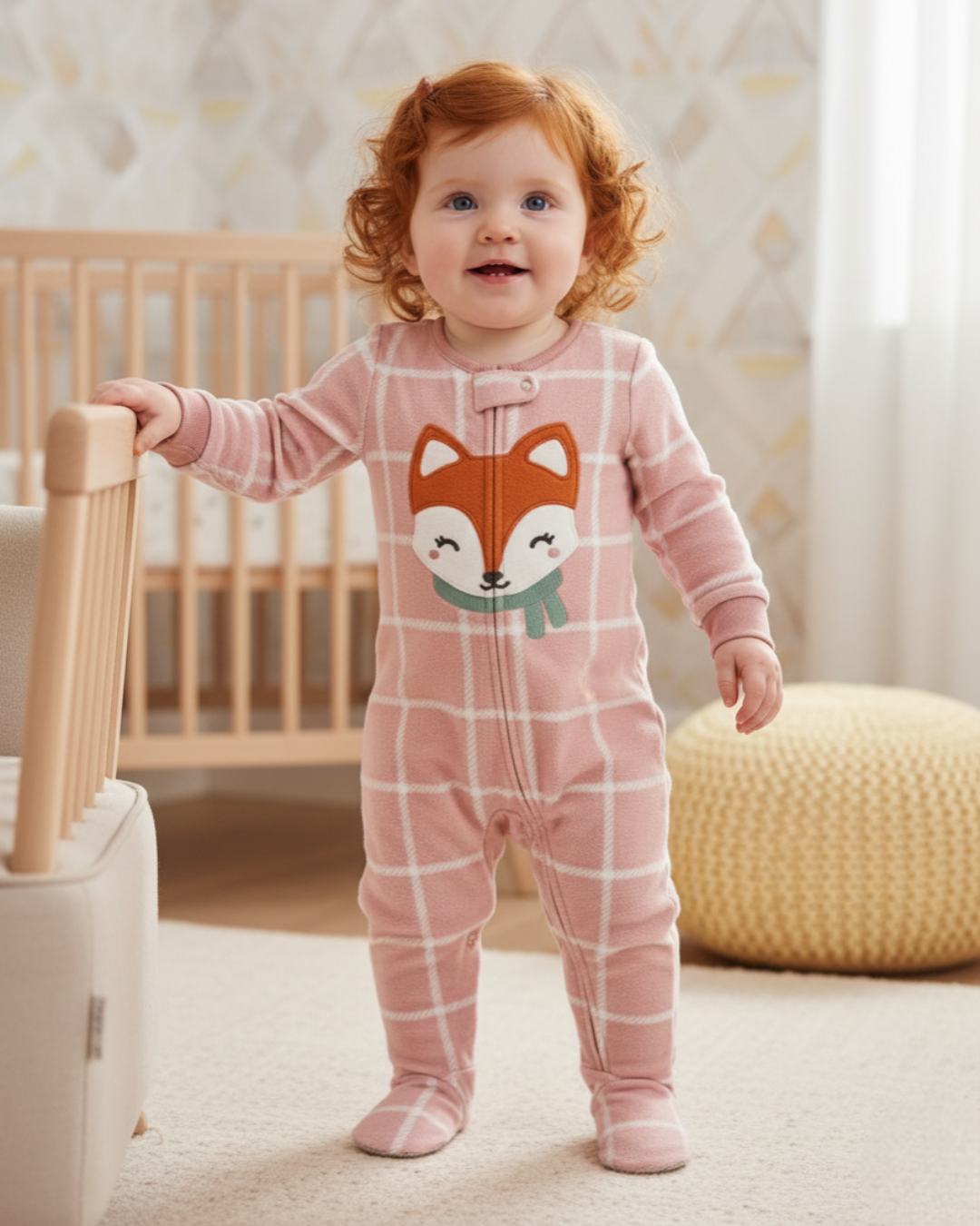 🦊 Carter’s Baby Girl Pink Plaid Fox Fleece Sleep & Play – Cozy & Cute