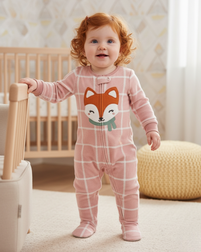🦊 Carter’s Baby Girl Pink Plaid Fox Fleece Sleep & Play – Cozy & Cute