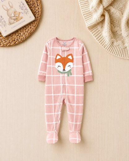 🦊Original Carter’s Baby Girl Pink Plaid Fox Fleece Sleep & Play