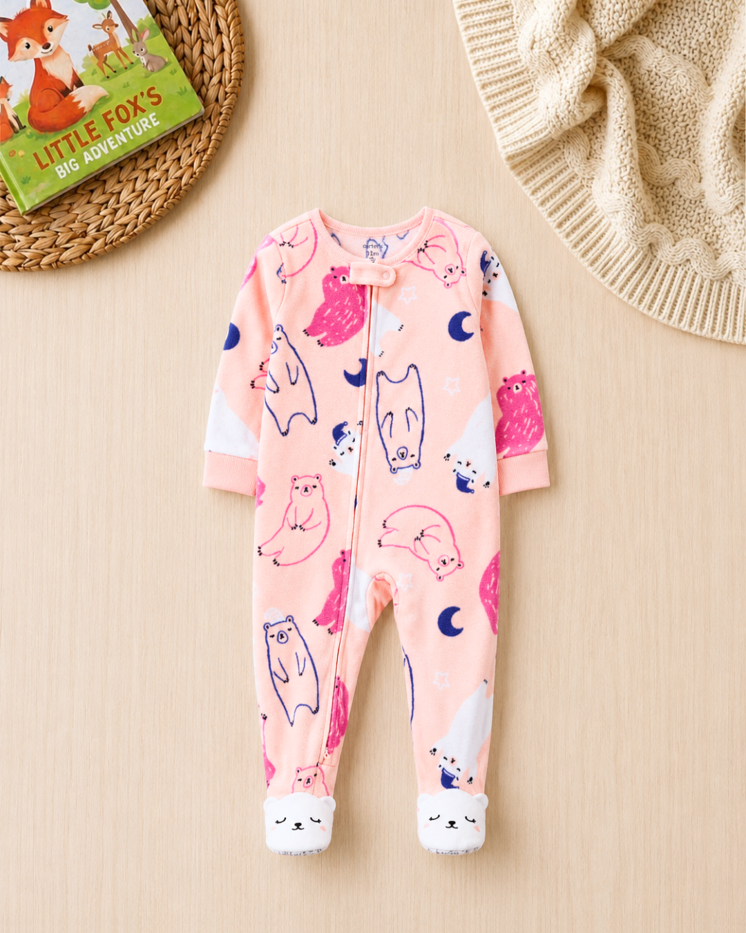 🐻Original Carter's Baby Girl Apricot Bear Fleece Sleep & Play – Character Feet