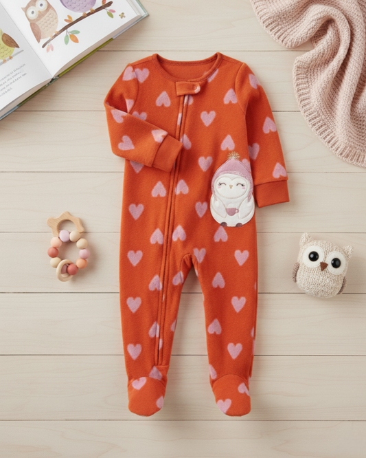 🦉 Carter’s Baby Girl Coral Owl Fleece Sleep & Play – Sweet Hearts
