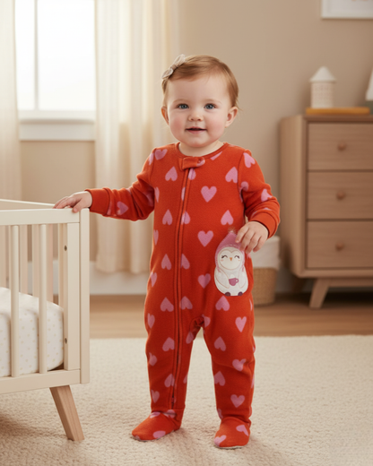 🦉 Carter’s Baby Girl Coral Owl Fleece Sleep & Play – Sweet Hearts