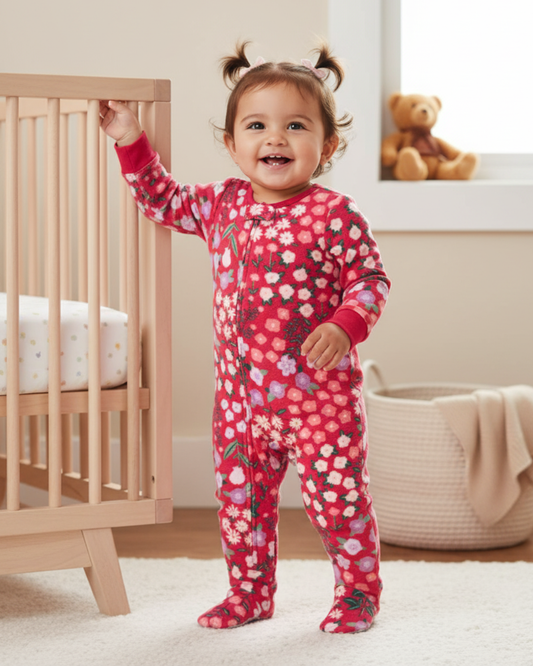 🌸 Carter’s Baby Girl Pink Blossom Fleece Sleep & Play – All-Over Floral
