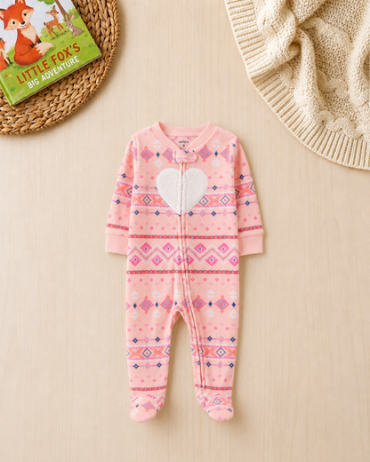 💖Original Carter's Baby Girl Pink Fair Isle Fleece Sleep & Play – Heart Appliqué