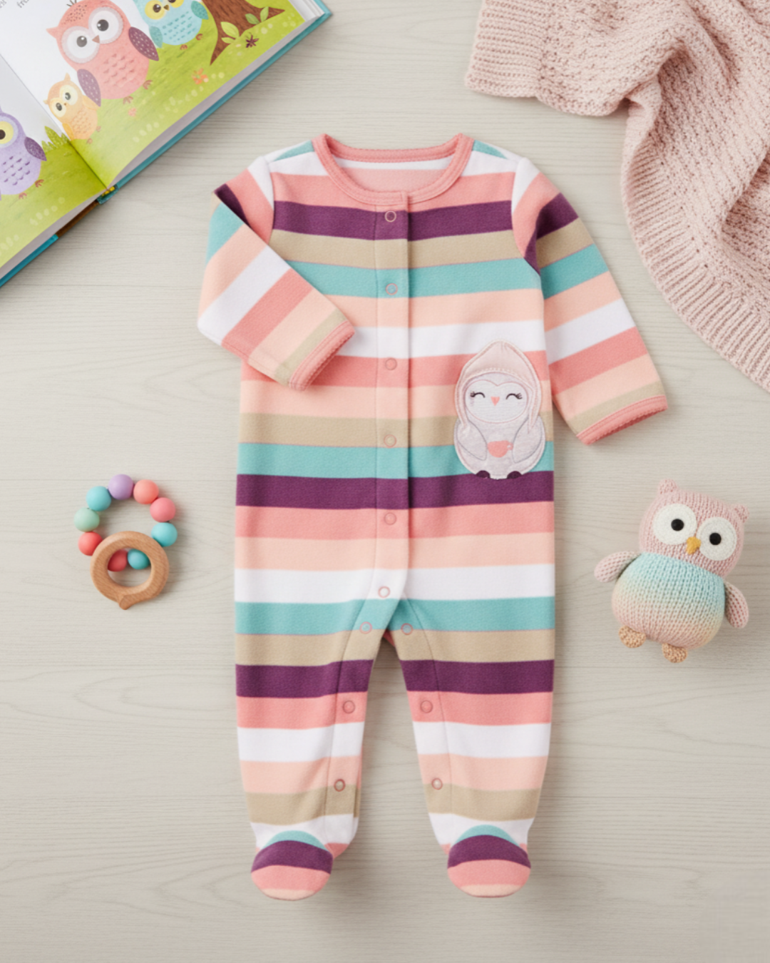 🦉 Carter’s Baby Girl Pastel Striped Fleece Sleep & Play – Owl Apliqué