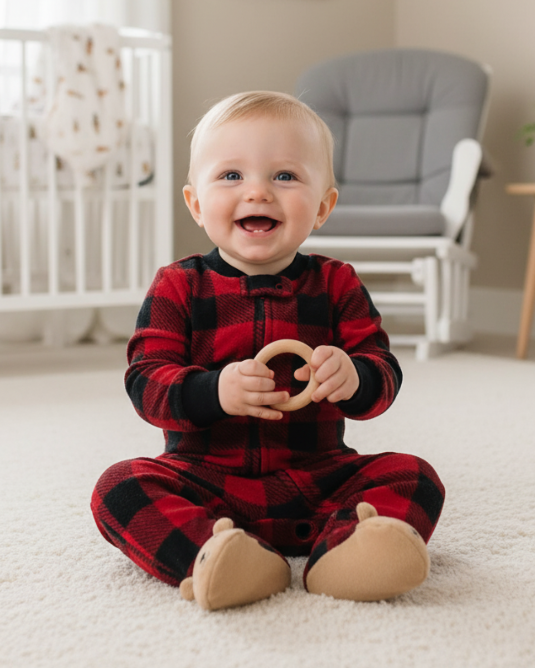 🐻 Carter’s Baby Boy Buffalo Check Fleece Sleep & Play – Bear Character Feet