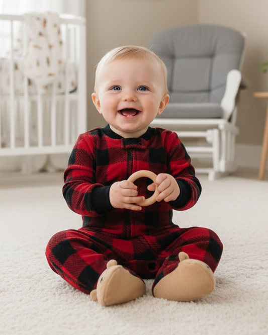 🐻 Carter’s Baby Boy Buffalo Check Fleece Sleep & Play – Bear Character Feet