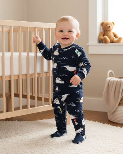 🦕 Carter’s Baby Boy Navy Blue & White Dino Fleece Sleep & Play